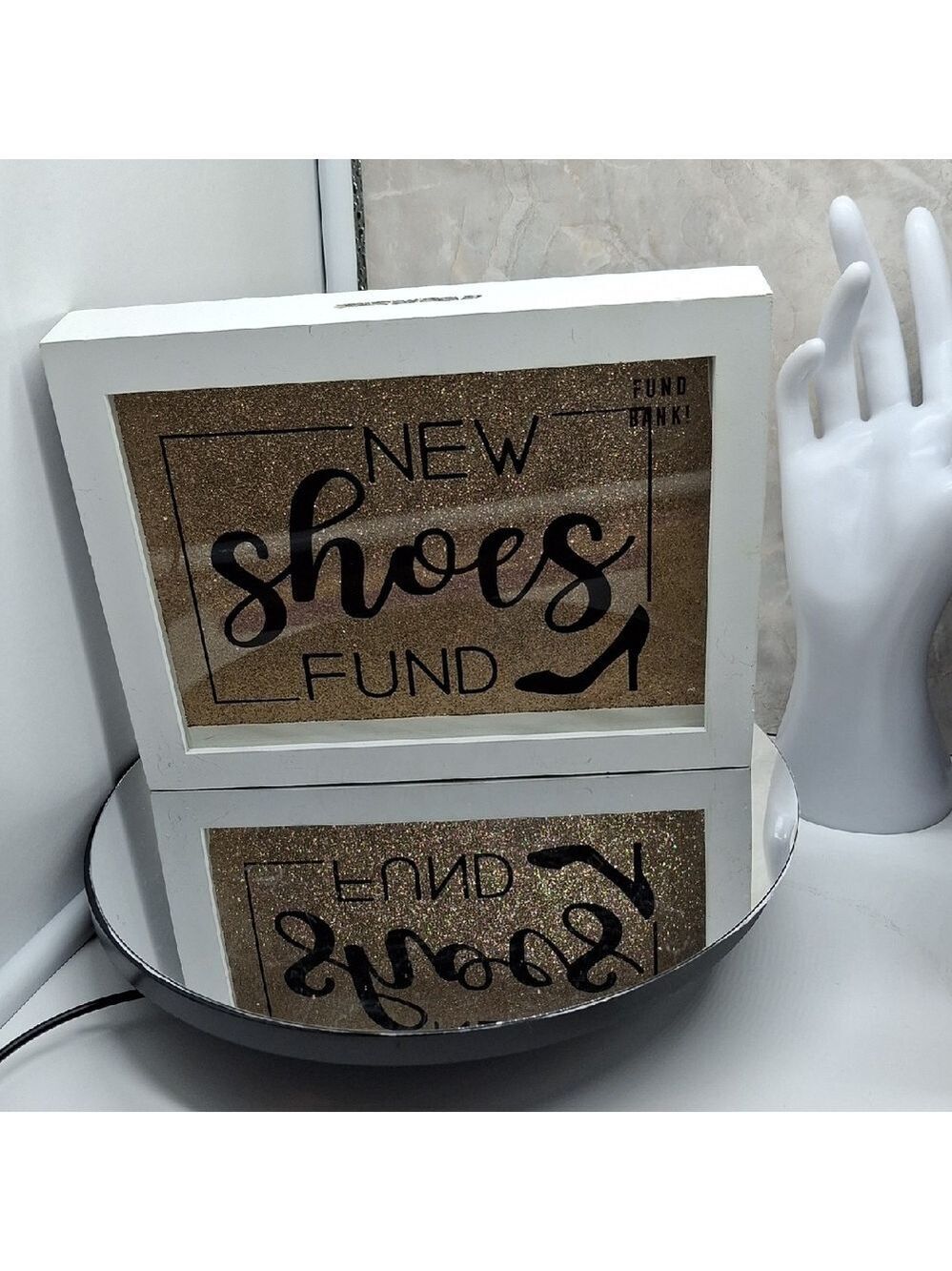 'New Shoes Fund' Money Box Frame Bank. White and Gold